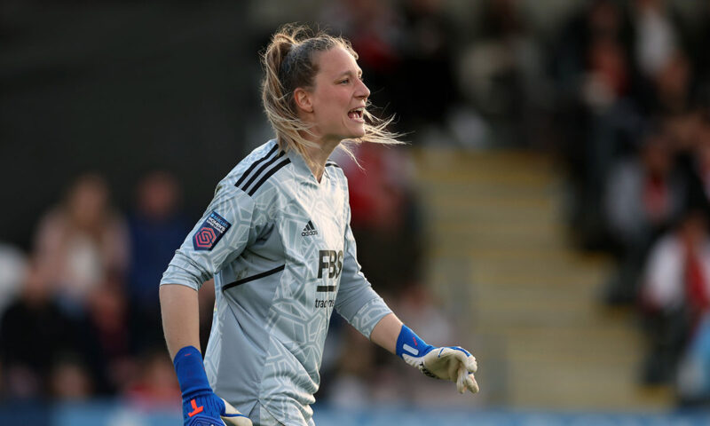 Janina Leitzig playing for Leicester City during her loan spell during the 2022-23 season
