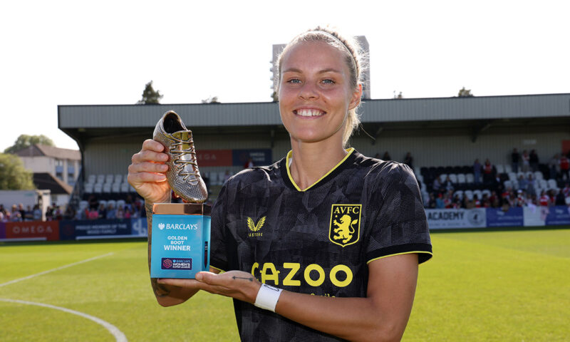 Aston Villa striker Rachel Daly with her 2022-23 Barclays Golden Boot winner trophy