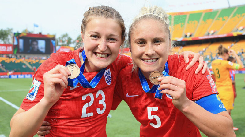 England's Ellen White and Steph Houghton celebrate World Cup bronze in 2015